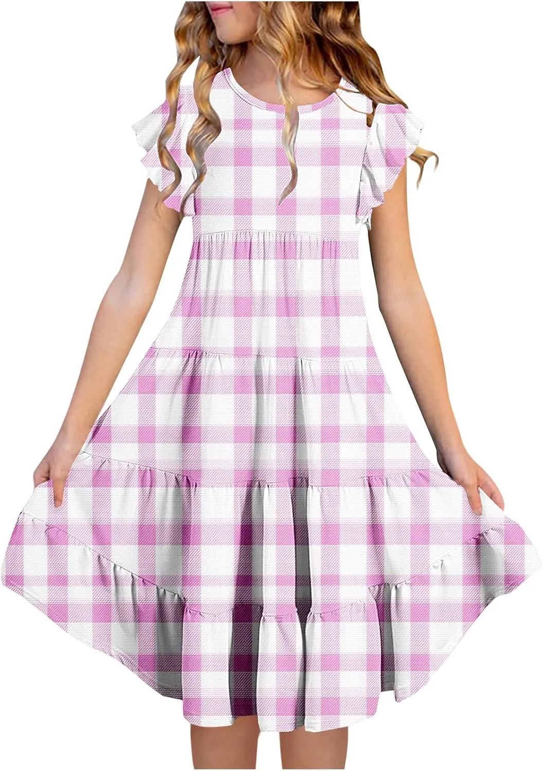 Girls Plaid Dress Soft Crew Neck Ruffle Sleeve Dresses Sleeveless Swing Kids Casual Sundress Summer Outfits