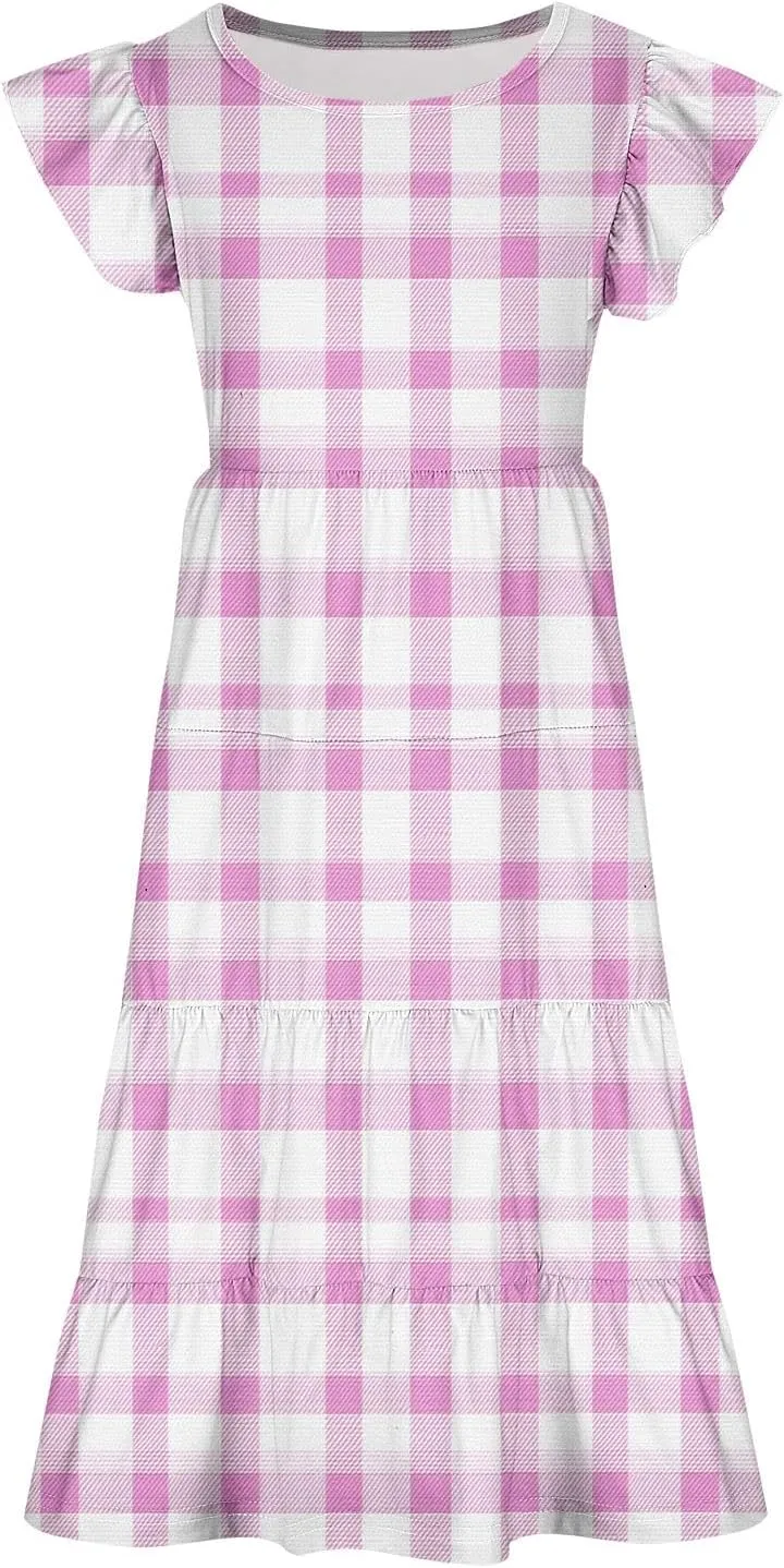 Girls Plaid Dress Soft Crew Neck Ruffle Sleeve Dresses Sleeveless Swing Kids Casual Sundress Summer Outfits
