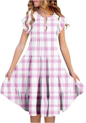 Girls Plaid Dress Soft Crew Neck Ruffle Sleeve Dresses Sleeveless Swing Kids Casual Sundress Summer Outfits