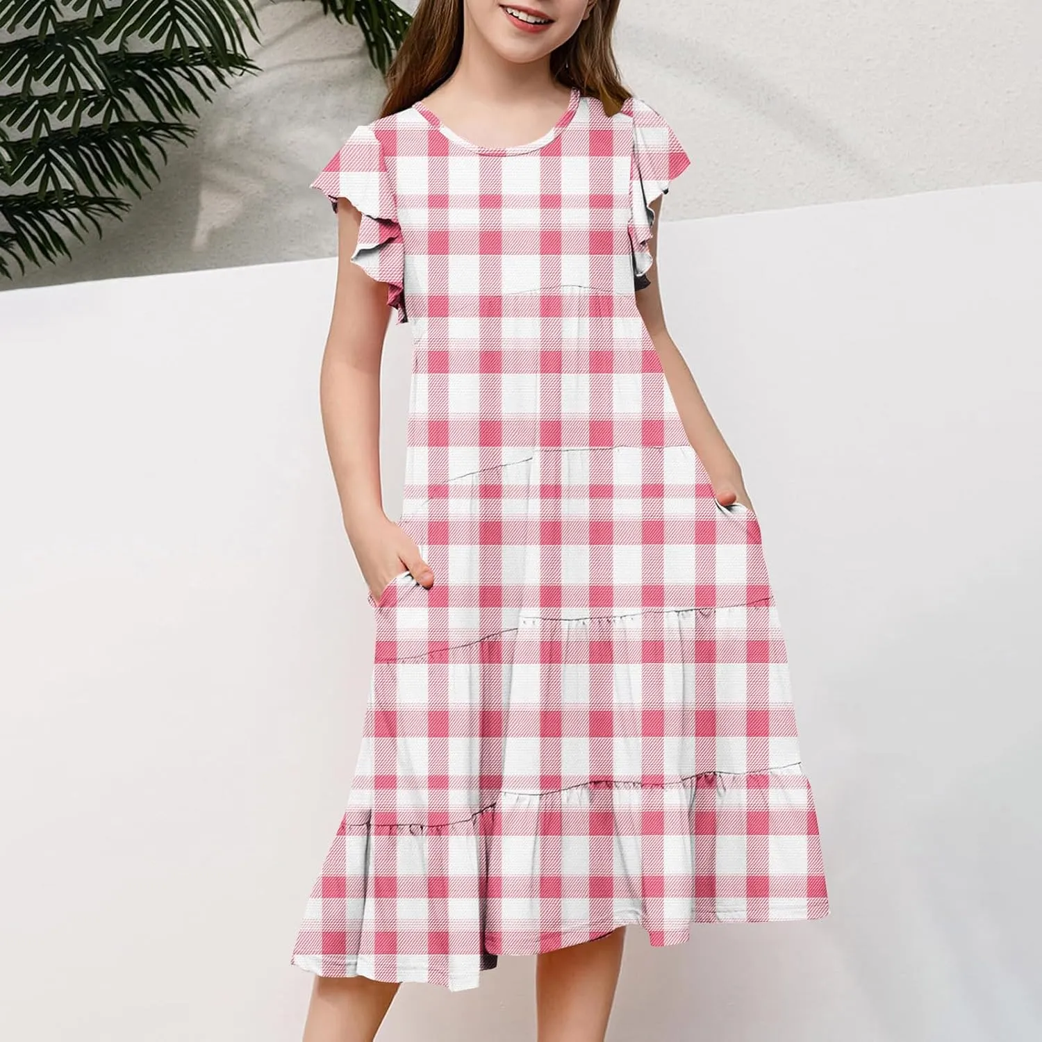 Girls Plaid Dress Soft Crew Neck Ruffle Sleeve Dresses Sleeveless Swing Kids Casual Sundress Summer Outfits