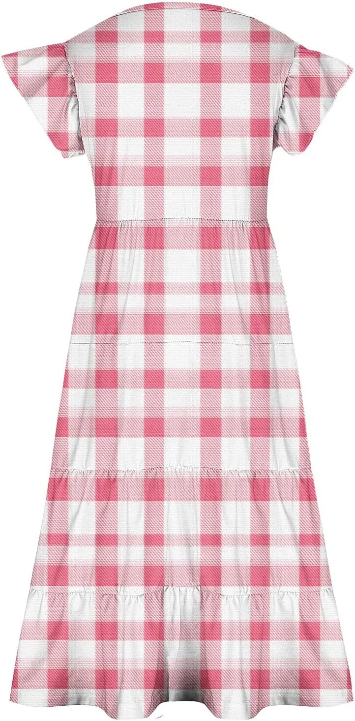 Girls Plaid Dress Soft Crew Neck Ruffle Sleeve Dresses Sleeveless Swing Kids Casual Sundress Summer Outfits