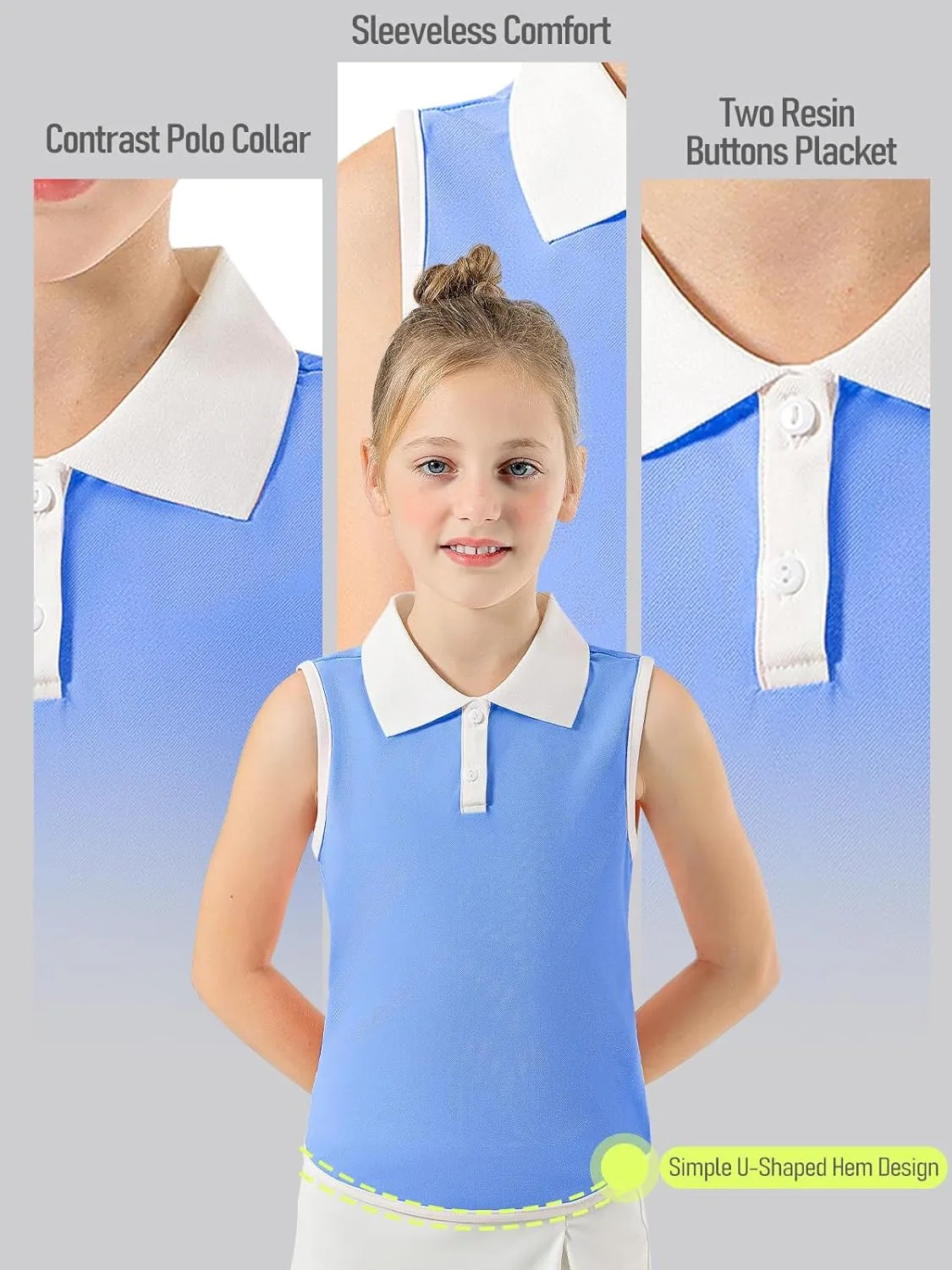 Girls Polo Shirt Sleeveless Golf Shirts Contrast Collared Button-Up Tennis T-Shirts Quick Dry Breathable Tank Tops
