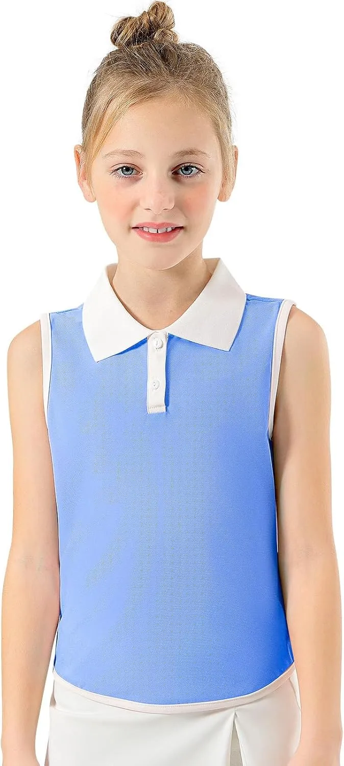 Girls Polo Shirt Sleeveless Golf Shirts Contrast Collared Button-Up Tennis T-Shirts Quick Dry Breathable Tank Tops