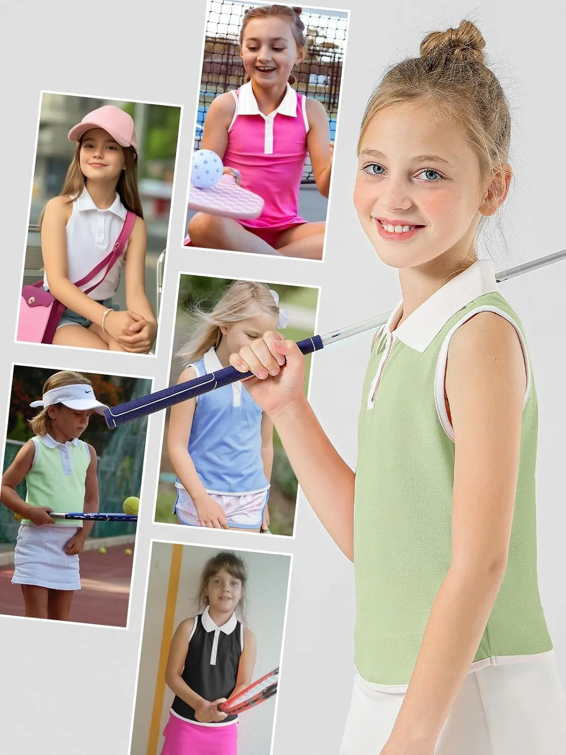 Girls Polo Shirt Sleeveless Golf Shirts Contrast Collared Button-Up Tennis T-Shirts Quick Dry Breathable Tank Tops