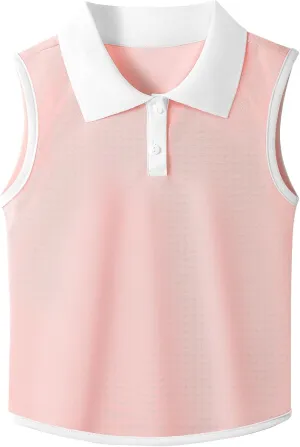 Girls Polo Shirt Sleeveless Golf Shirts Contrast Collared Button-Up Tennis T-Shirts Quick Dry Breathable Tank Tops