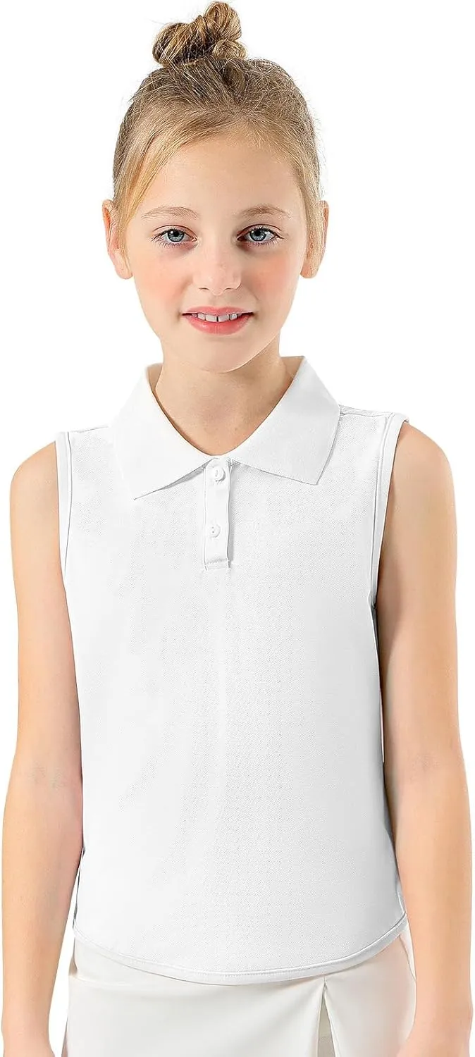 Girls Polo Shirt Sleeveless Golf Shirts Contrast Collared Button-Up Tennis T-Shirts Quick Dry Breathable Tank Tops