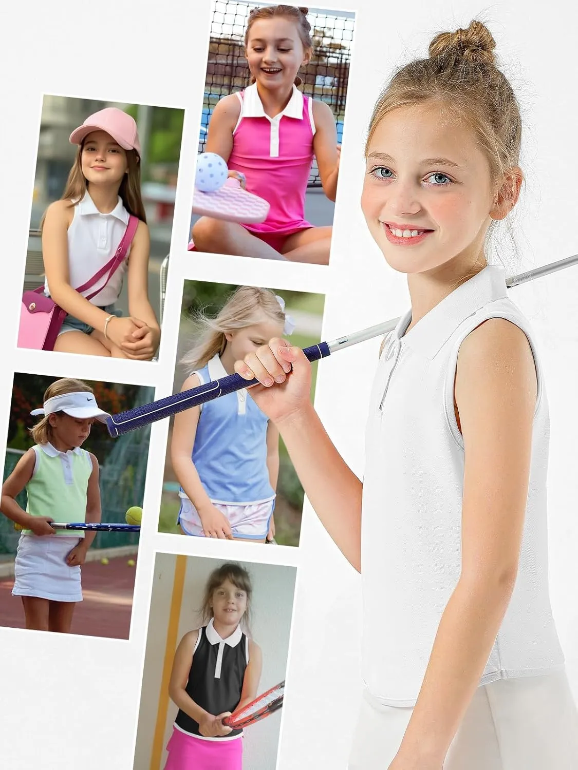 Girls Polo Shirt Sleeveless Golf Shirts Contrast Collared Button-Up Tennis T-Shirts Quick Dry Breathable Tank Tops