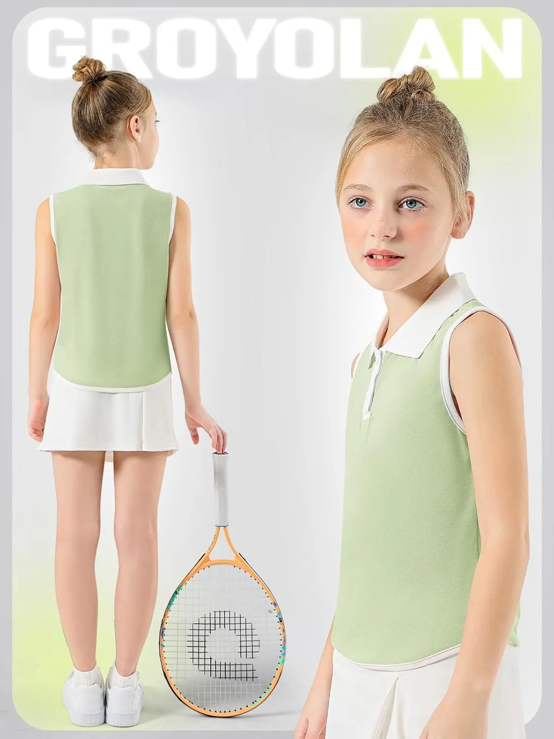 Girls Polo Shirt Sleeveless Golf Shirts Contrast Collared Button-Up Tennis T-Shirts Quick Dry Breathable Tank Tops