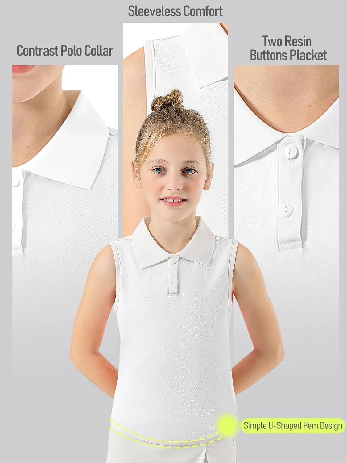 Girls Polo Shirt Sleeveless Golf Shirts Contrast Collared Button-Up Tennis T-Shirts Quick Dry Breathable Tank Tops