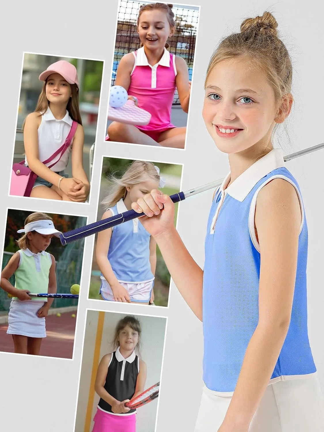 Girls Polo Shirt Sleeveless Golf Shirts Contrast Collared Button-Up Tennis T-Shirts Quick Dry Breathable Tank Tops