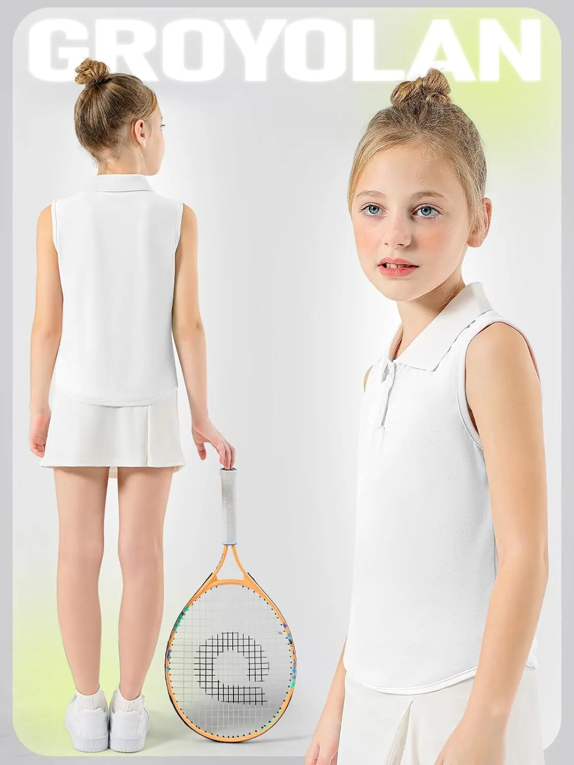 Girls Polo Shirt Sleeveless Golf Shirts Contrast Collared Button-Up Tennis T-Shirts Quick Dry Breathable Tank Tops