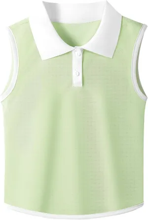 Girls Polo Shirt Sleeveless Golf Shirts Contrast Collared Button-Up Tennis T-Shirts Quick Dry Breathable Tank Tops