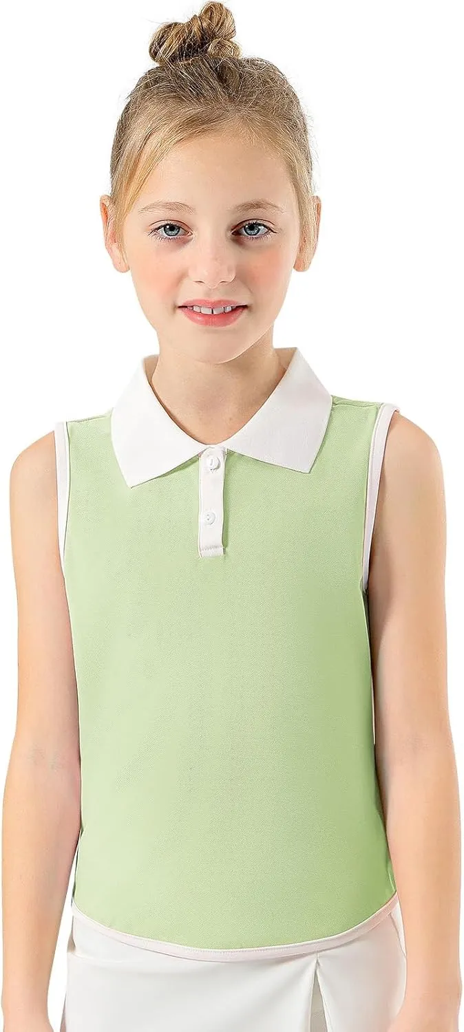 Girls Polo Shirt Sleeveless Golf Shirts Contrast Collared Button-Up Tennis T-Shirts Quick Dry Breathable Tank Tops