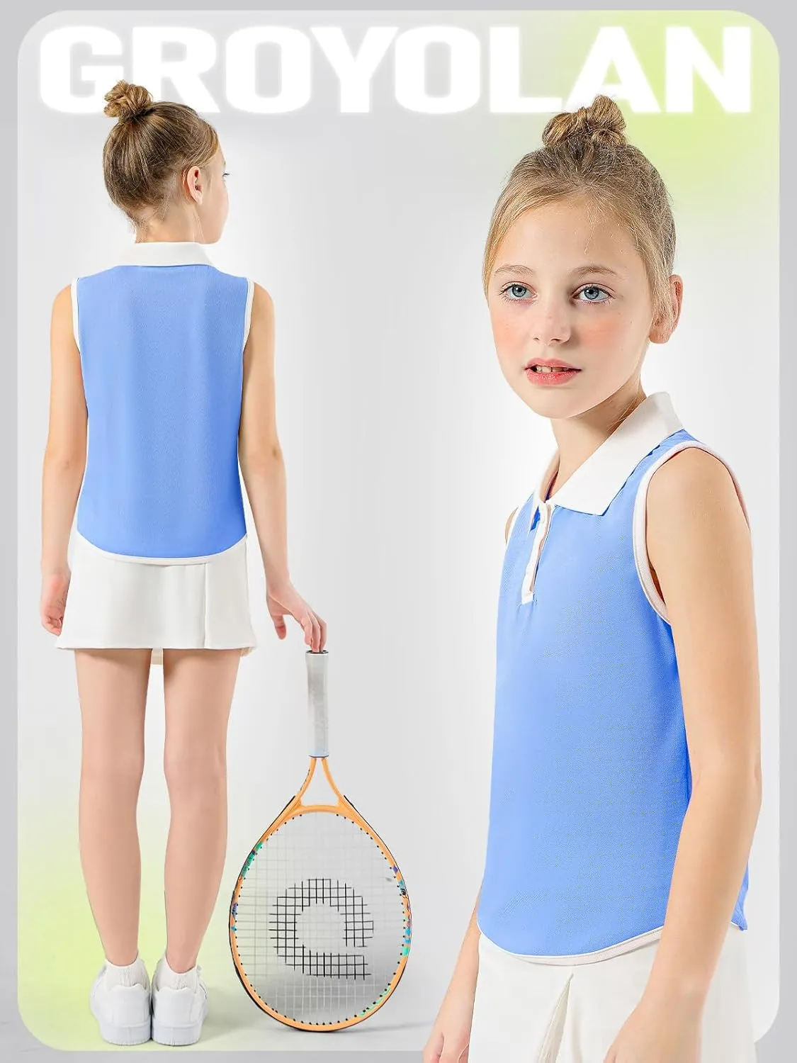 Girls Polo Shirt Sleeveless Golf Shirts Contrast Collared Button-Up Tennis T-Shirts Quick Dry Breathable Tank Tops