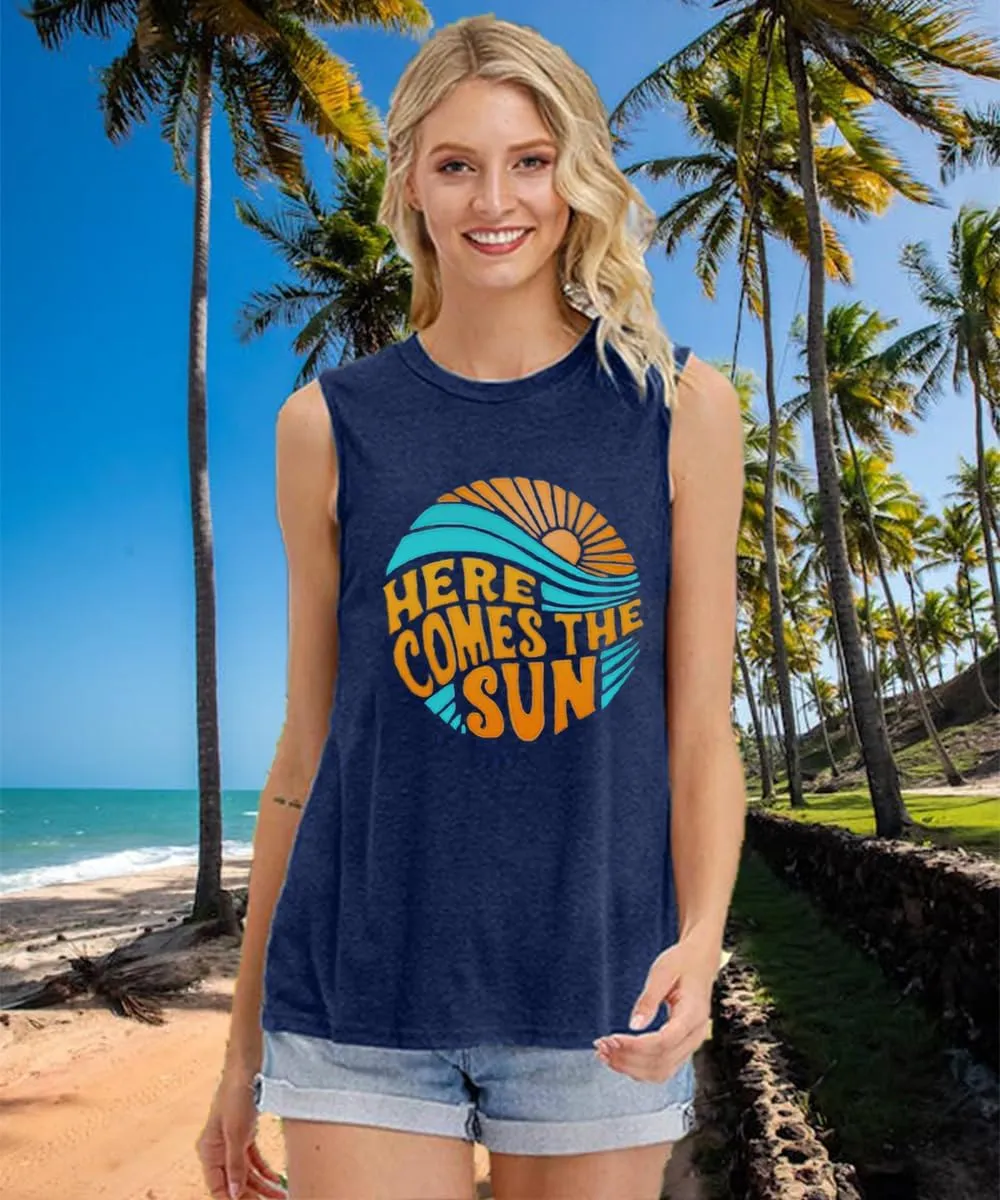 Here Comes The Sun Tank Tops Women Sunshine Graphic Sleeveless Vintage Travel Vacation Tops Summer Beach Shirts