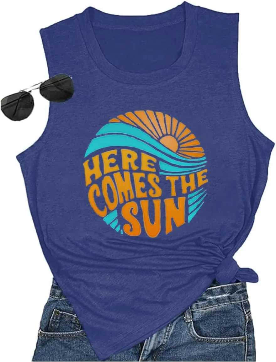 Here Comes The Sun Tank Tops Women Sunshine Graphic Sleeveless Vintage Travel Vacation Tops Summer Beach Shirts