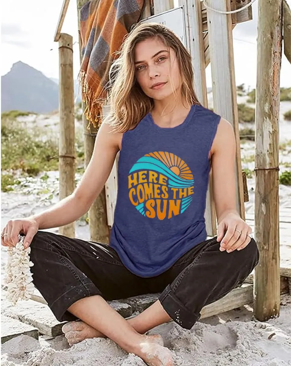 Here Comes The Sun Tank Tops Women Sunshine Graphic Sleeveless Vintage Travel Vacation Tops Summer Beach Shirts