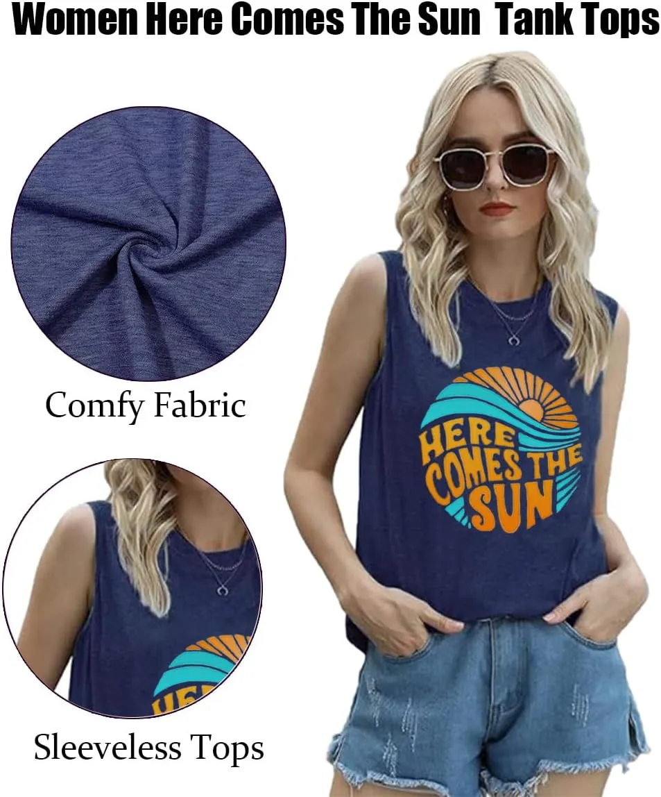 Here Comes The Sun Tank Tops Women Sunshine Graphic Sleeveless Vintage Travel Vacation Tops Summer Beach Shirts