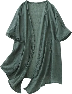 HGps8w Womens Mid-Long Kimono Cardigan Loose Summer Short Sleeve Sun Shirts Lightweight Casual Beach Cover Ups with Pockets