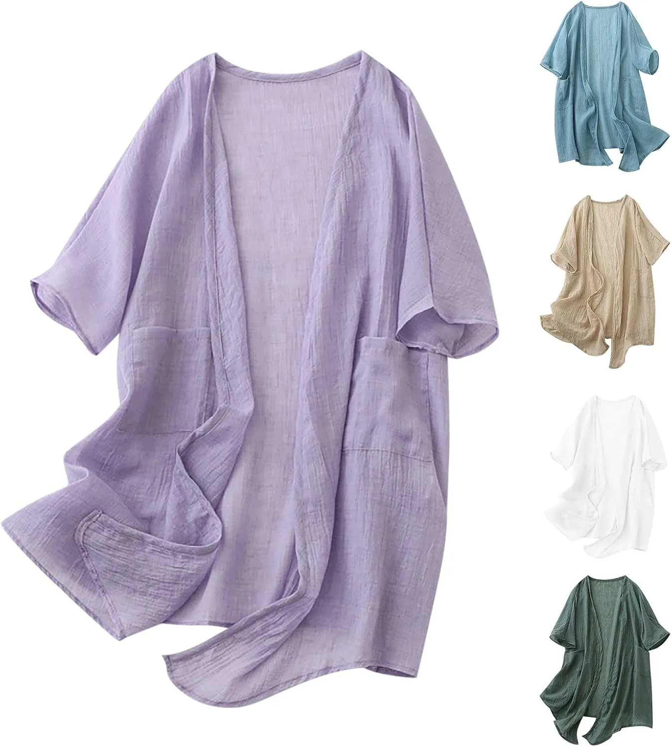 HGps8w Womens Mid-Long Kimono Cardigan Loose Summer Short Sleeve Sun Shirts Lightweight Casual Beach Cover Ups with Pockets