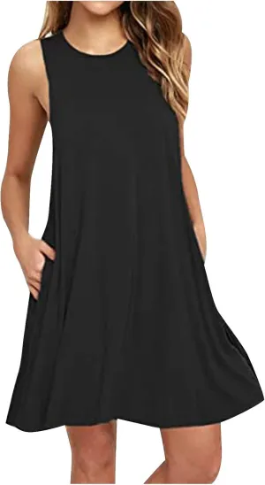 hlysgo Beach Dresses for Women 2025 Summer Sleeveless Crew Neck Casual Dress Solid Soft Comfy Mini Sundress with Pockets