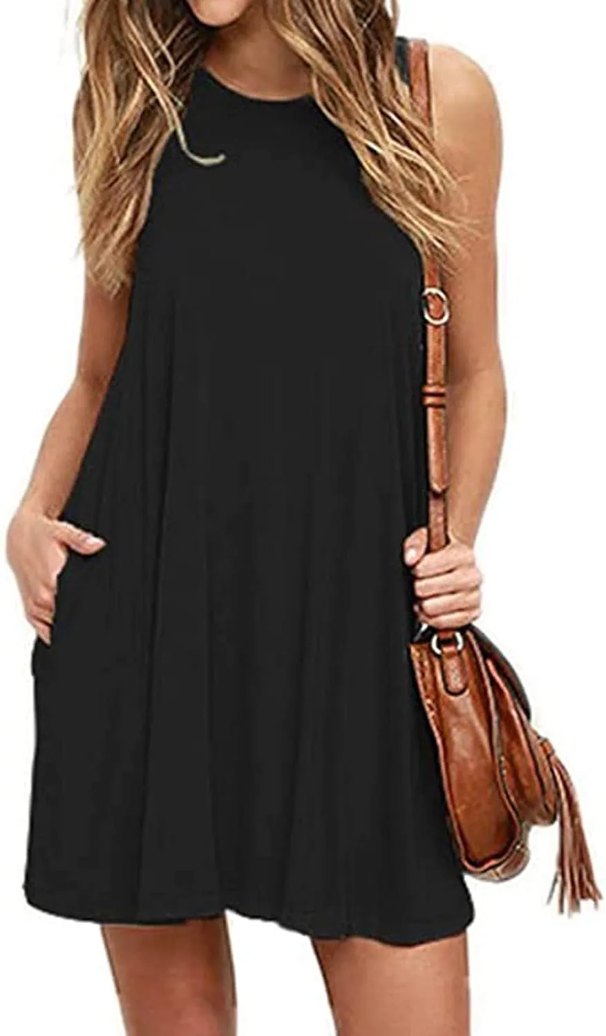 hlysgo Beach Dresses for Women 2025 Summer Sleeveless Crew Neck Casual Dress Solid Soft Comfy Mini Sundress with Pockets