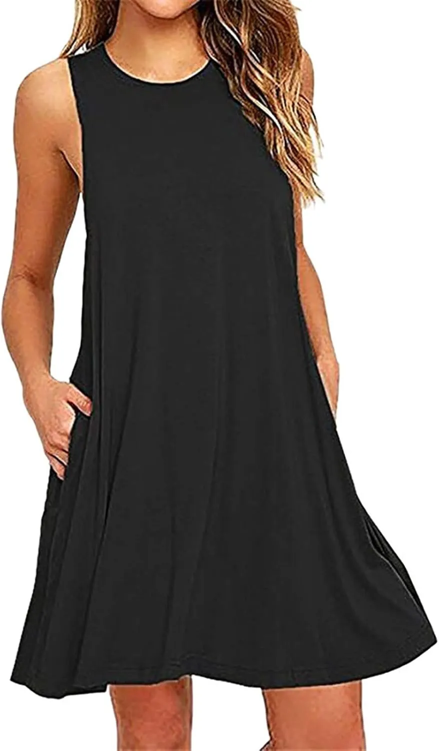 hlysgo Beach Dresses for Women 2025 Summer Sleeveless Crew Neck Casual Dress Solid Soft Comfy Mini Sundress with Pockets