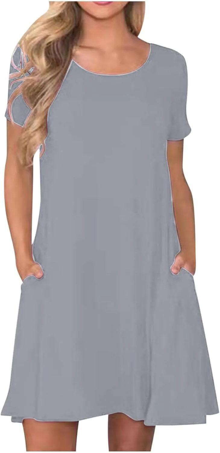 hlysgo Tshirt Dress for Women 2025 Vacation Short Sleeve Crew Neck Casual Dresses Summer Soft Comfy Mini Dress with Pockets
