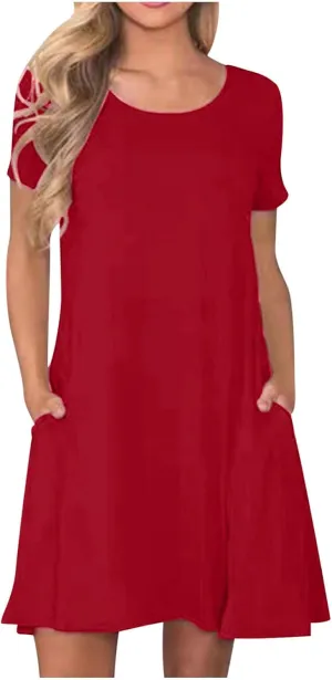 hlysgo Tshirt Dress for Women 2025 Vacation Short Sleeve Crew Neck Casual Dresses Summer Soft Comfy Mini Dress with Pockets