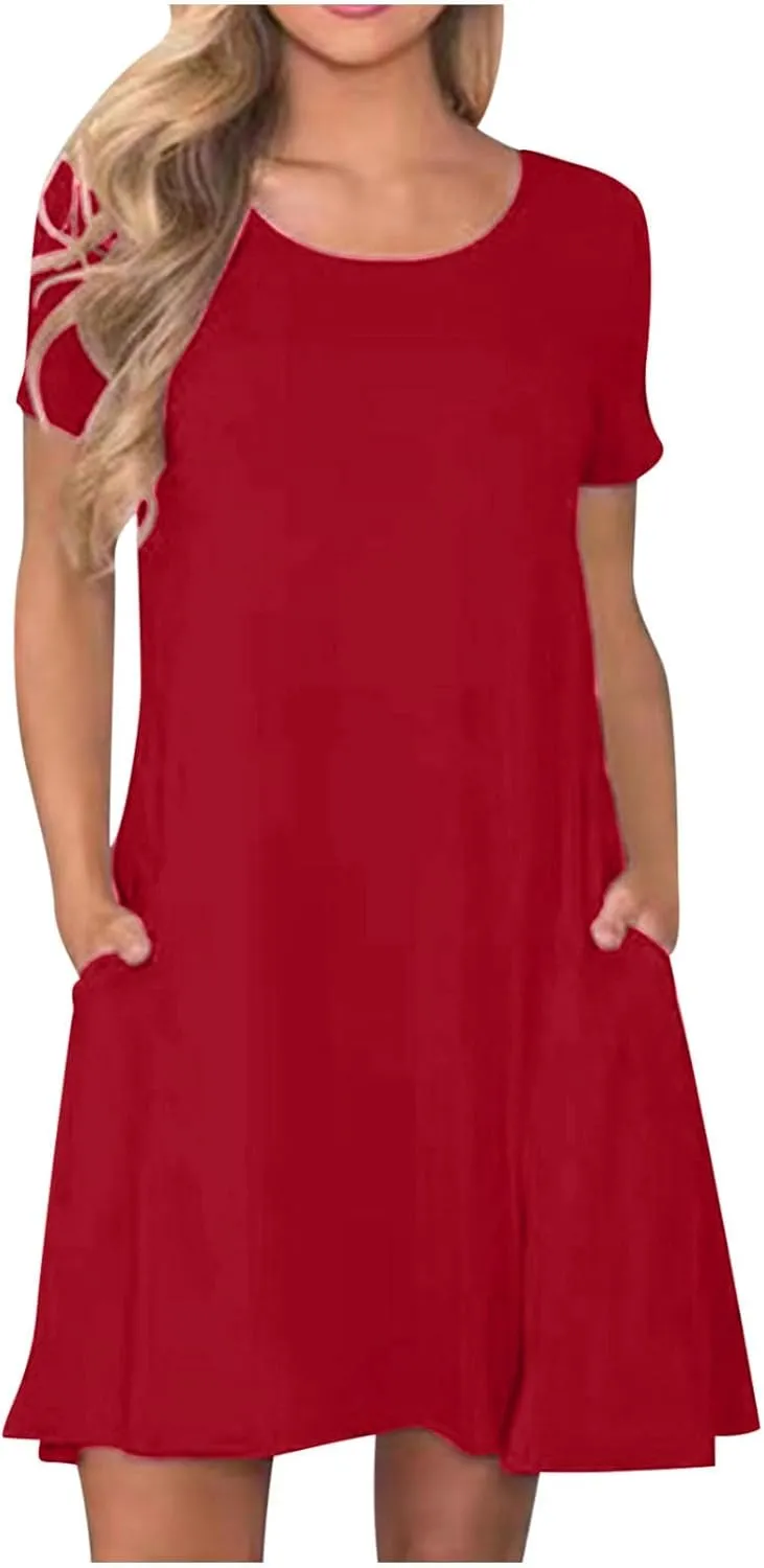 hlysgo Tshirt Dress for Women 2025 Vacation Short Sleeve Crew Neck Casual Dresses Summer Soft Comfy Mini Dress with Pockets