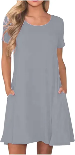 hlysgo Tshirt Dress for Women 2025 Vacation Short Sleeve Crew Neck Casual Dresses Summer Soft Comfy Mini Dress with Pockets