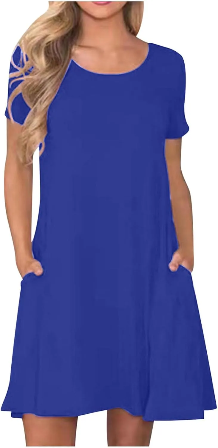 hlysgo Tshirt Dress for Women 2025 Vacation Short Sleeve Crew Neck Casual Dresses Summer Soft Comfy Mini Dress with Pockets