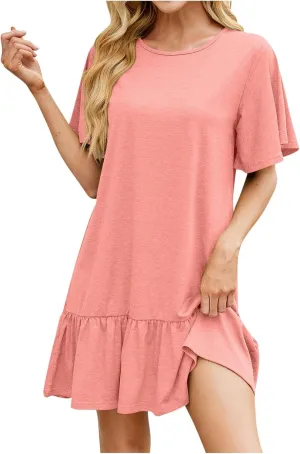 hlysgo Women's Short Sleeve Casual Dress Round Neck Soft Pajamas Ruffle Mini Dress Loose Fit Comfy Loungewear