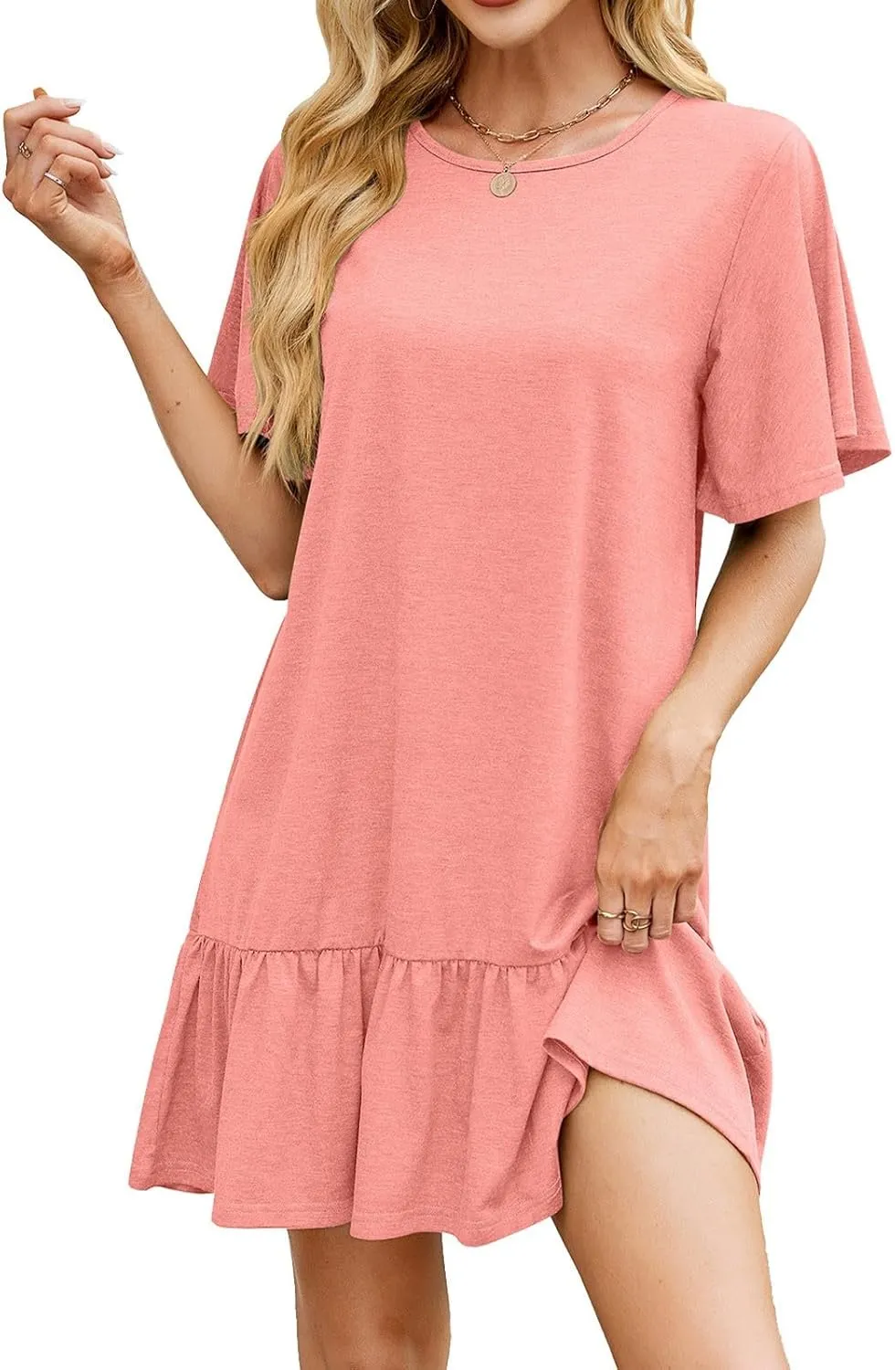 hlysgo Women's Short Sleeve Casual Dress Round Neck Soft Pajamas Ruffle Mini Dress Loose Fit Comfy Loungewear