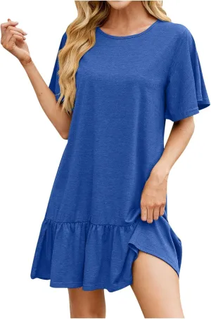 hlysgo Women's Short Sleeve Casual Dress Round Neck Soft Pajamas Ruffle Mini Dress Loose Fit Comfy Loungewear