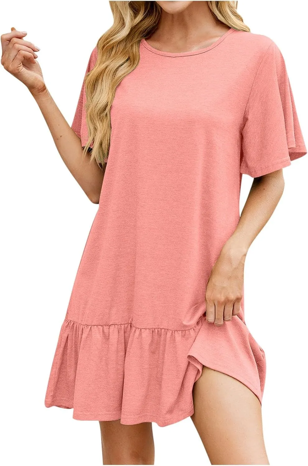hlysgo Women's Short Sleeve Casual Dress Round Neck Soft Pajamas Ruffle Mini Dress Loose Fit Comfy Loungewear