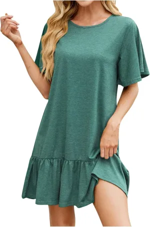 hlysgo Women's Short Sleeve Casual Dress Round Neck Soft Pajamas Ruffle Mini Dress Loose Fit Comfy Loungewear