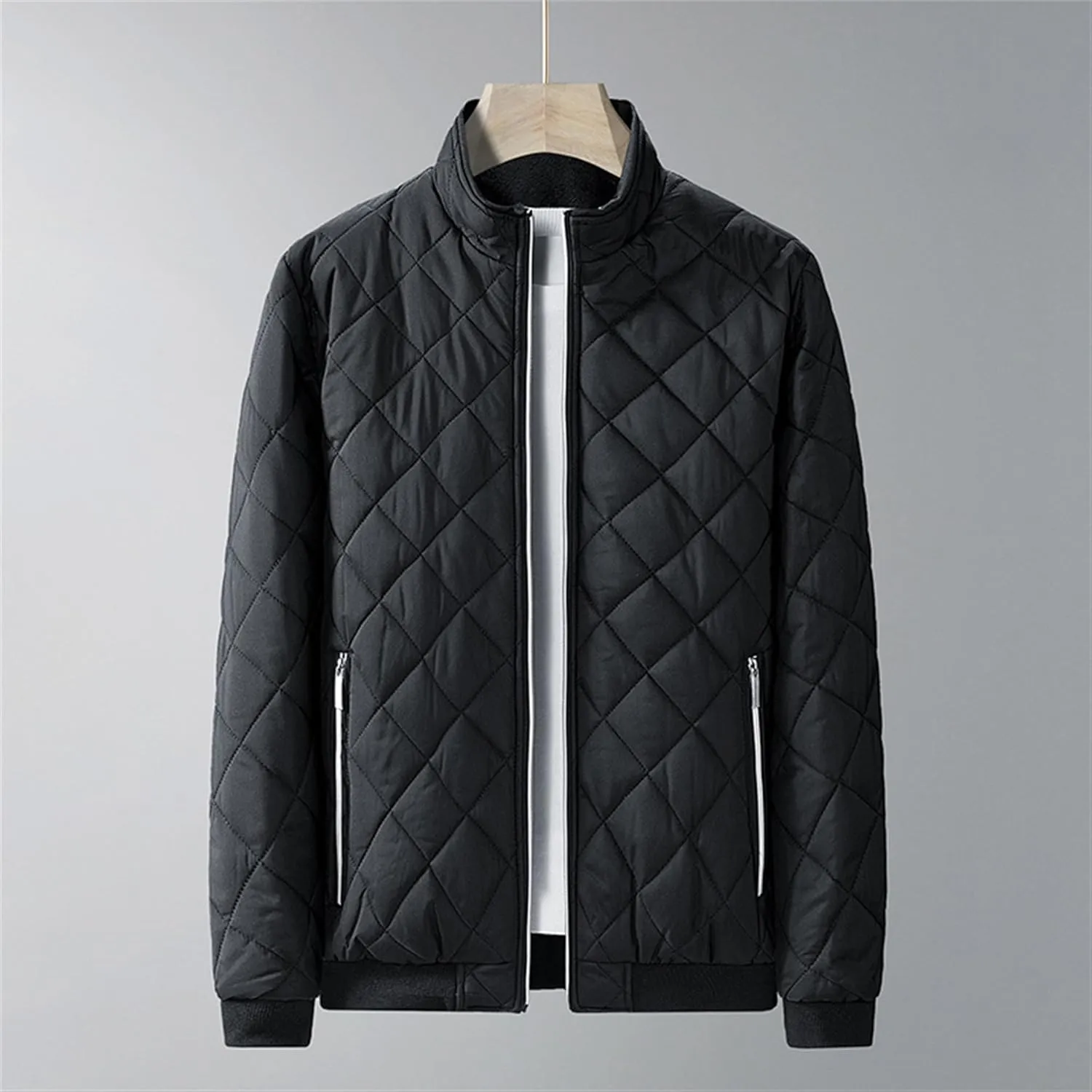 JEsilunmaMY Men Thermal Diamond Bomber Jackets Full Zip Fleece-Lined Insulated Quilted Jacket Winter Warm Padded Cotton Coat