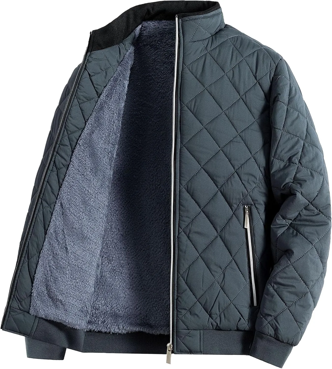 JEsilunmaMY Men Thermal Diamond Bomber Jackets Full Zip Fleece-Lined Insulated Quilted Jacket Winter Warm Padded Cotton Coat