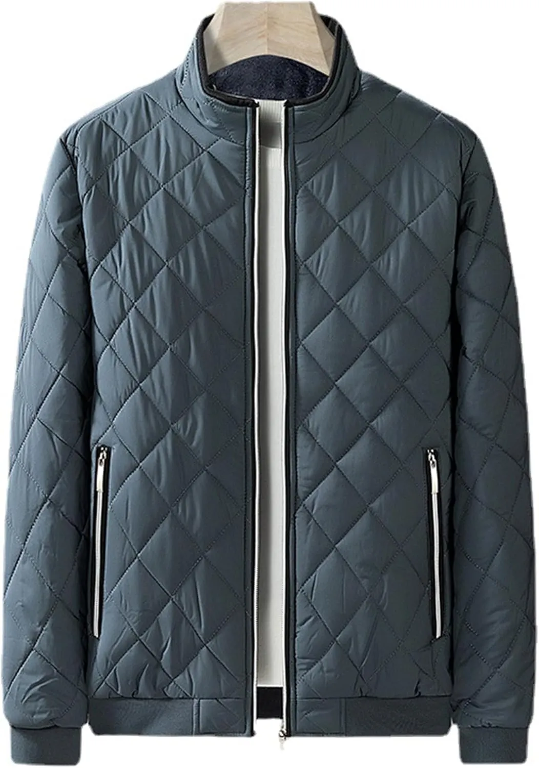 JEsilunmaMY Men Thermal Diamond Bomber Jackets Full Zip Fleece-Lined Insulated Quilted Jacket Winter Warm Padded Cotton Coat