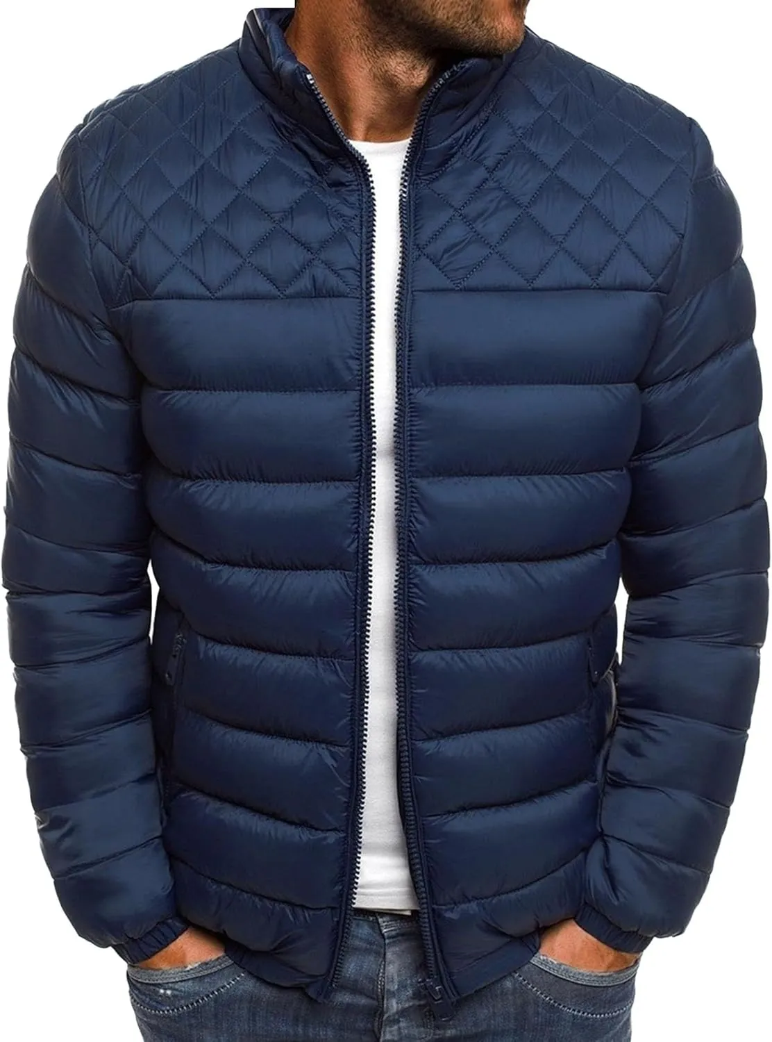 JEsilunmaMY Men's Diamond Stand Collar Puffer Jacket Winter Coat Quilted Padded Down Jacket Insulated Puffy Varsity Coat