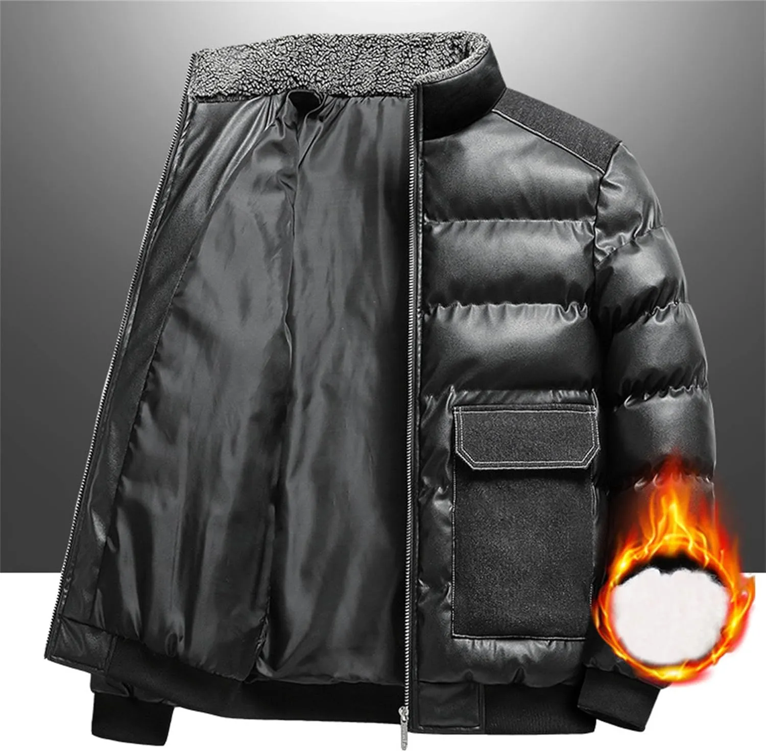 JEsilunmaMY Men's Flap Pocket Bubble Puffer Jacket Fur Stand Collar Cotton Bomber Jacket Thicken Warm Winter Padded Coats