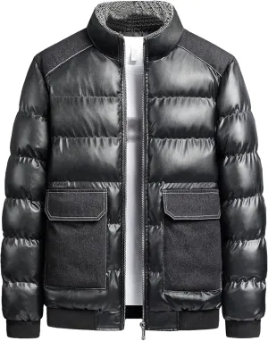 JEsilunmaMY Men's Flap Pocket Bubble Puffer Jacket Fur Stand Collar Cotton Bomber Jacket Thicken Warm Winter Padded Coats