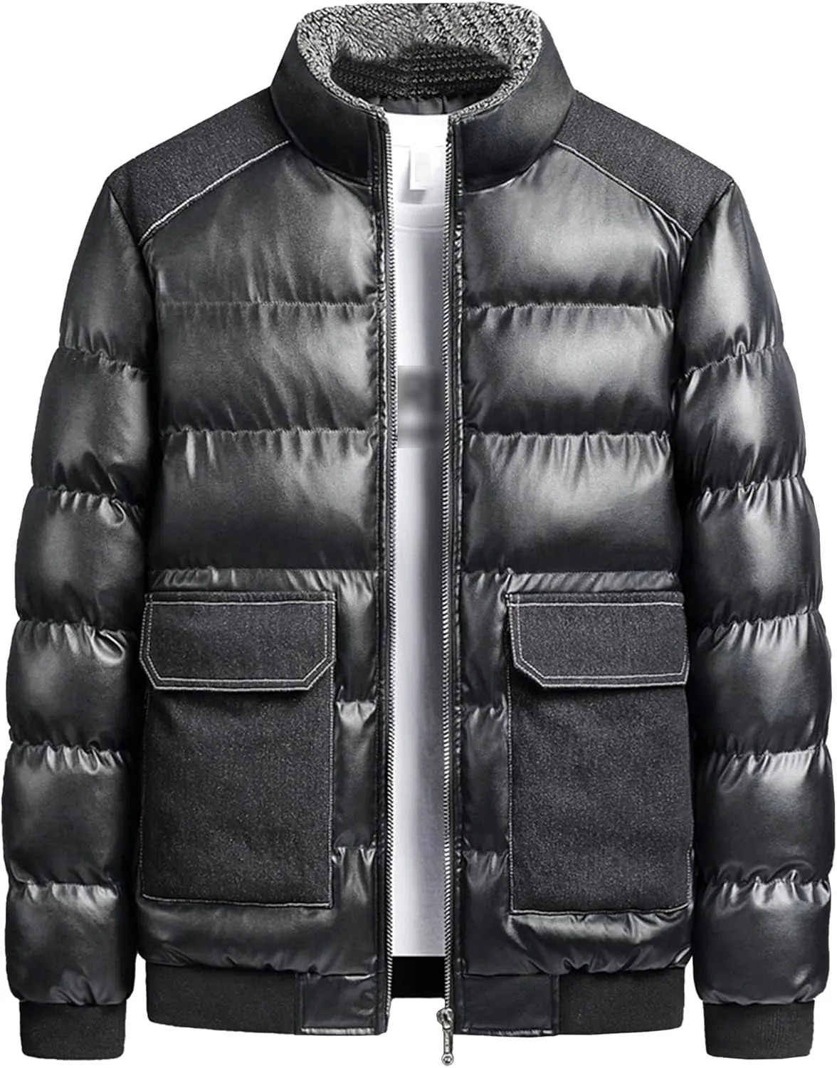 JEsilunmaMY Men's Flap Pocket Bubble Puffer Jacket Fur Stand Collar Cotton Bomber Jacket Thicken Warm Winter Padded Coats