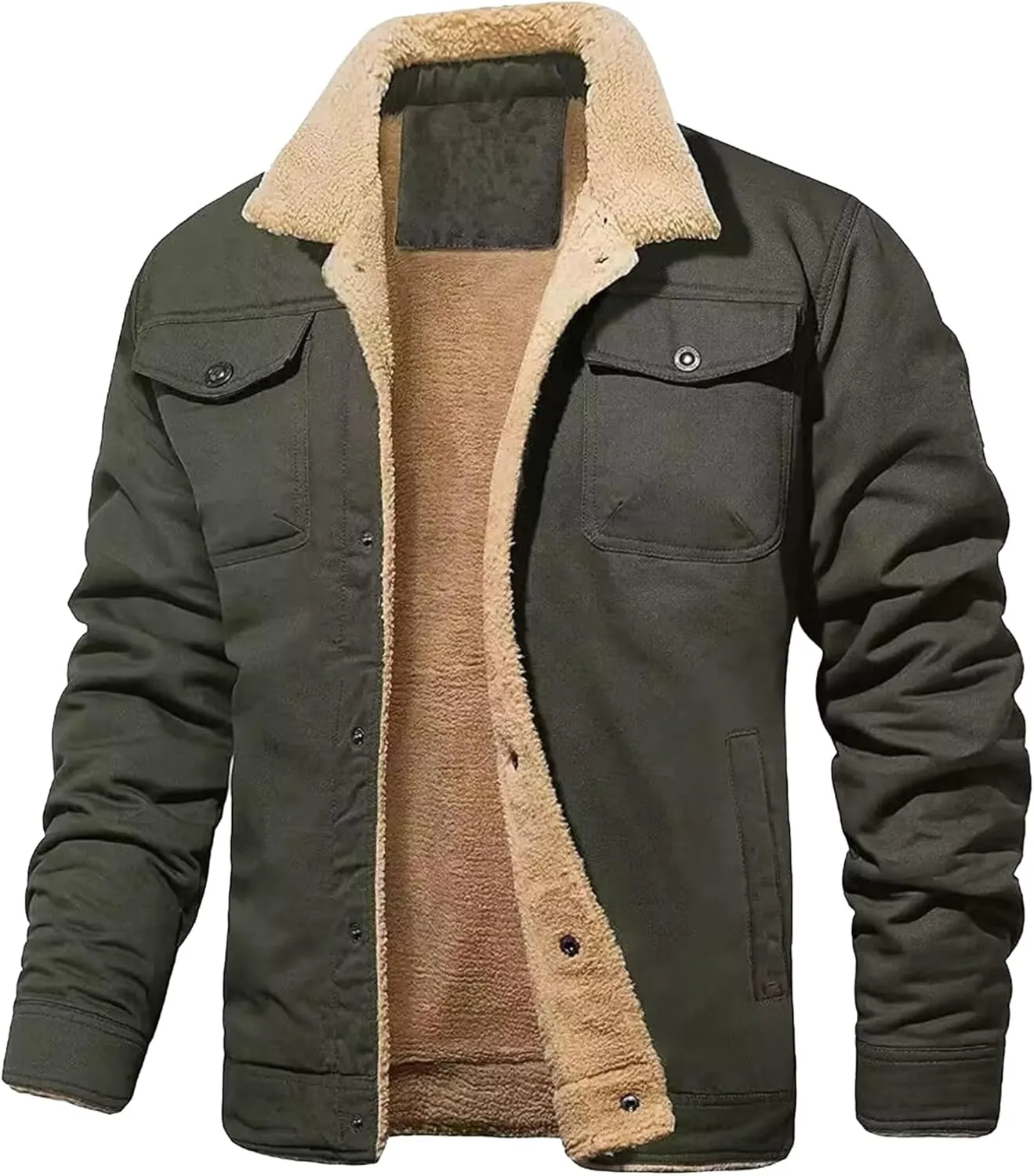 JEsilunmaMY Men's Multi-Pocket Cotton Cargo Jacket Sherpa Lined Casual Shacket Jackets Button Down Warm Winter Padded Coats