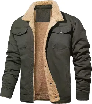 JEsilunmaMY Men's Multi-Pocket Cotton Cargo Jacket Sherpa Lined Casual Shacket Jackets Button Down Warm Winter Padded Coats