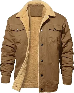 JEsilunmaMY Men's Multi-Pocket Cotton Cargo Jacket Sherpa Lined Casual Shacket Jackets Button Down Warm Winter Padded Coats