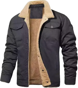 JEsilunmaMY Men's Multi-Pocket Cotton Cargo Jacket Sherpa Lined Casual Shacket Jackets Button Down Warm Winter Padded Coats