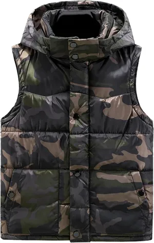 JEsilunmaMY Men's Sleeveless Camo Puffer Vest with Hood Fashion Sleeveless Sports Vest Jacket Casual Cotton Padded Vest Coats