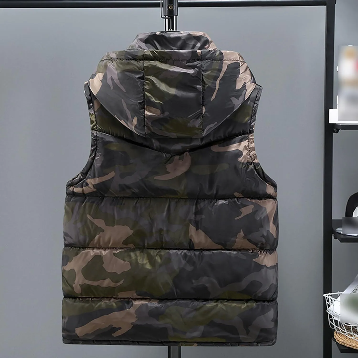 JEsilunmaMY Men's Sleeveless Camo Puffer Vest with Hood Fashion Sleeveless Sports Vest Jacket Casual Cotton Padded Vest Coats